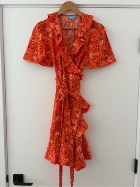 Draper James Reba Orange Floral Ruffle Wrap Mini Dress